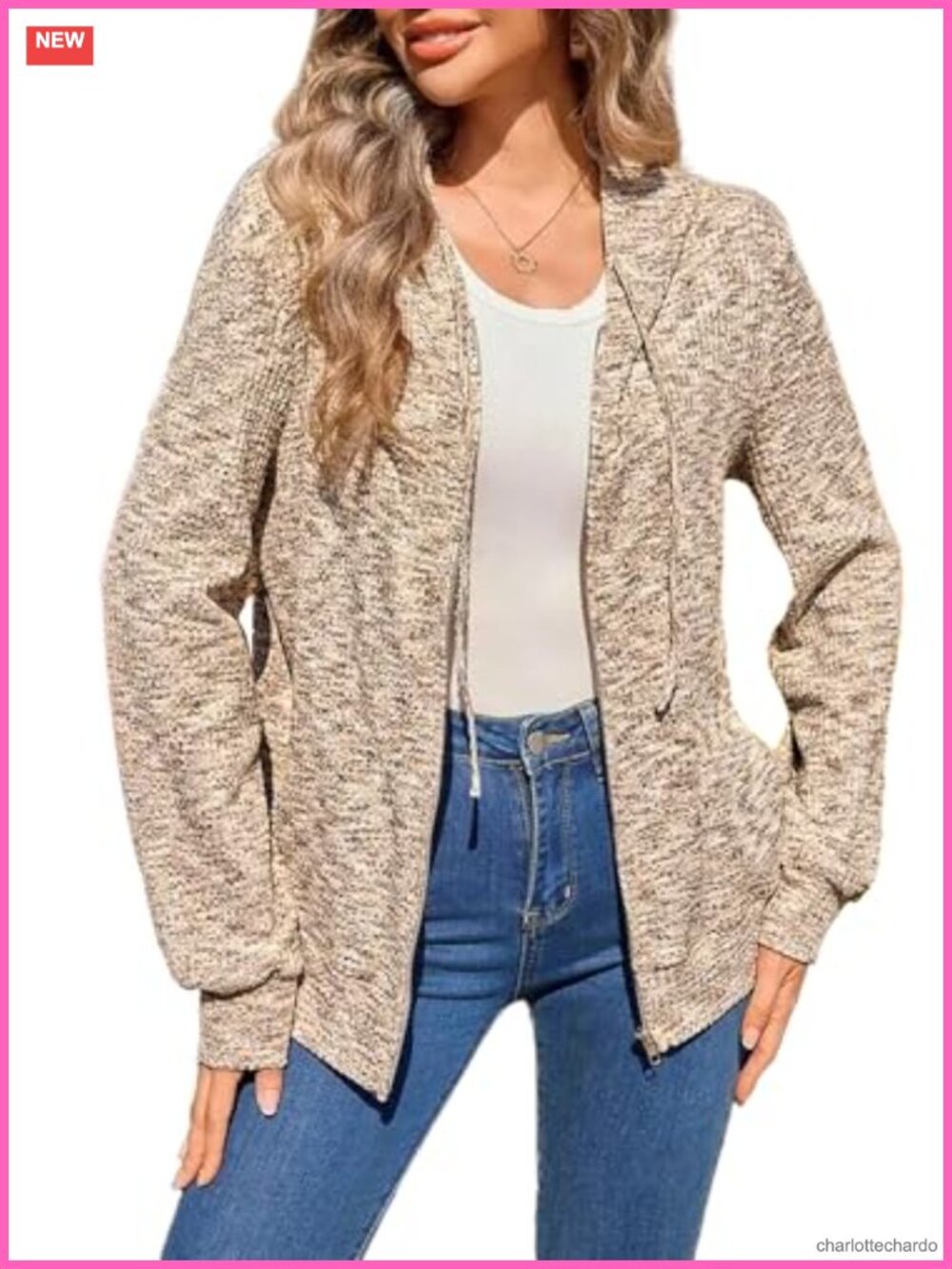 Oversized Waffle Knit Zip Up Hoodie Sweatshirt Long Sleeve